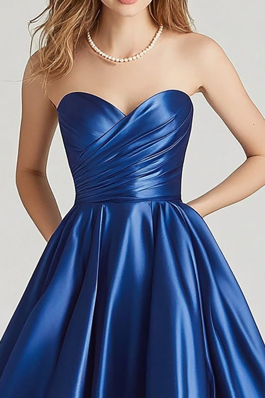 Sweetheart Dark Blue Ball Gown Long Satin Prom Dress