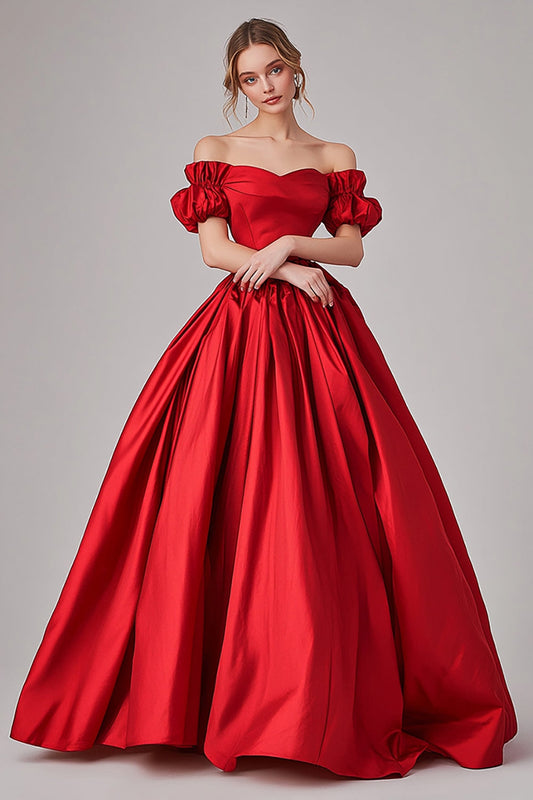 Red Off the Shoulder Ball Gown Ruched Long Pleated Prom Dress