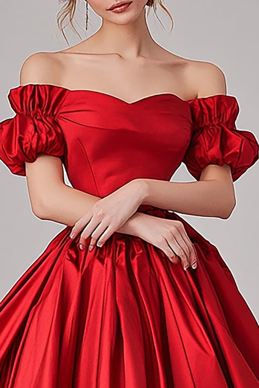 Red Off the Shoulder Ball Gown Ruched Long Pleated Prom Dress