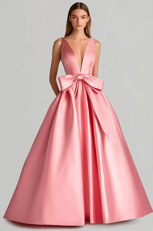 Pink Deep V-Neck Ball Gown Long Prom Dress with Bowknot