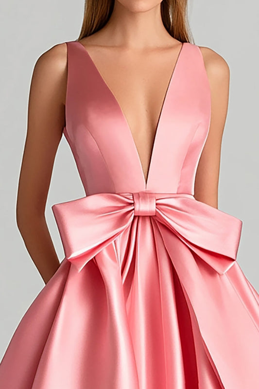 Pink Deep V-Neck Ball Gown Long Prom Dress with Bowknot