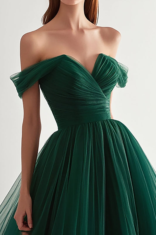 Ball Gown Dark Green Tulle Off the Shoulder Long Prom Dress