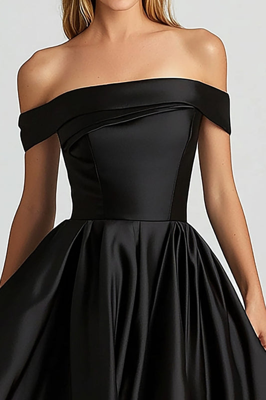 Off the Shoulder Black Asymmetrical Satin High-Low Prom Dress