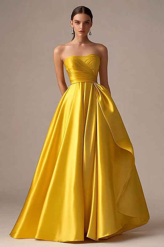 Ball Gown Yellow Strapless Pleated Long Prom Dress