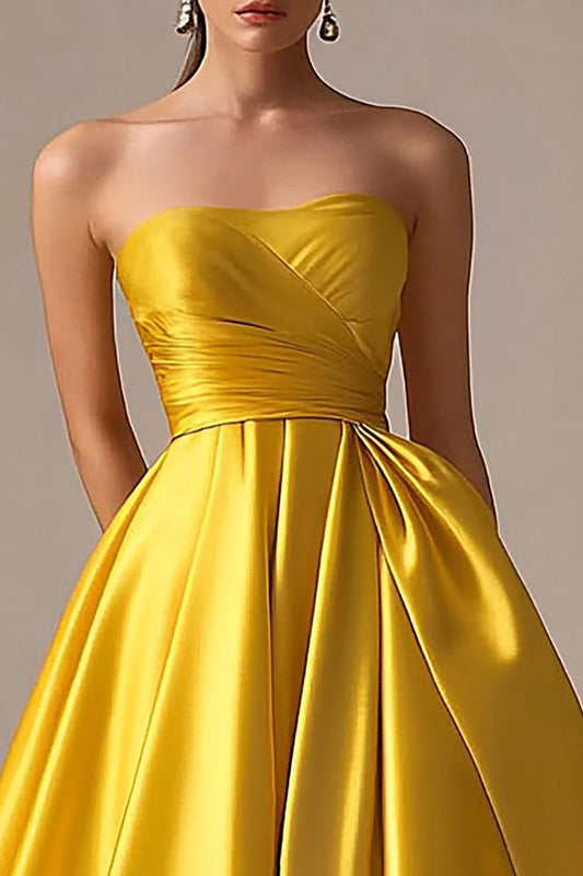 Ball Gown Yellow Strapless Pleated Long Prom Dress