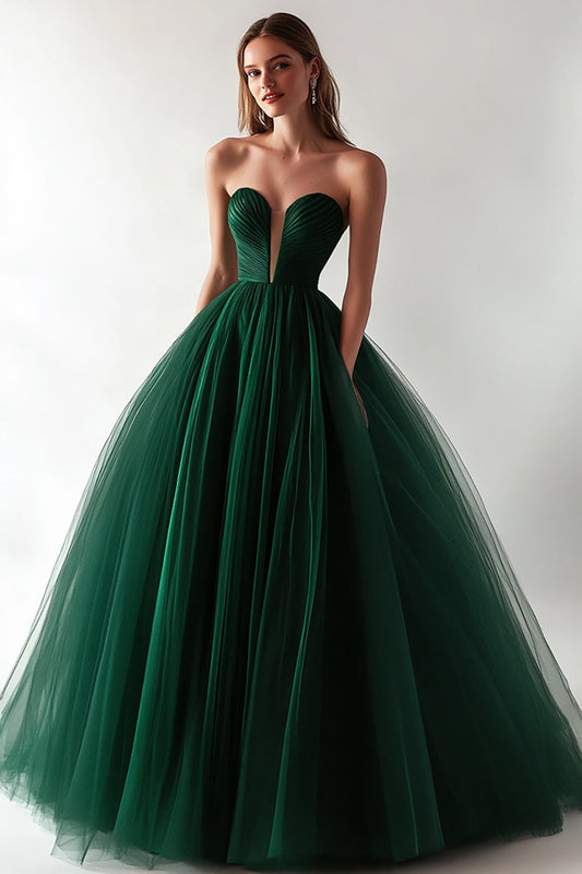 Tulle Dark Green Ball Gown Backless Long Prom Dress
