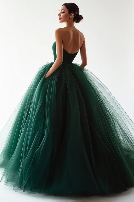 Tulle Dark Green Ball Gown Backless Long Prom Dress