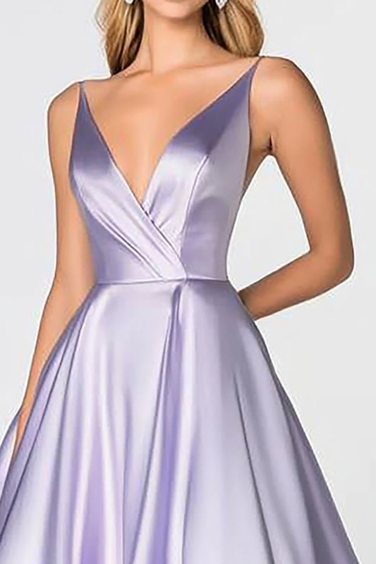Ball Gown Lilac Satin Ruhced Deep V-Neck Long Prom Dress