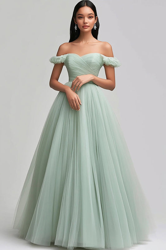 A Line Light Green Tulle Off the Shoulder Long Prom Dress
