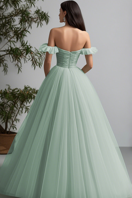 A Line Light Green Tulle Off the Shoulder Long Prom Dress