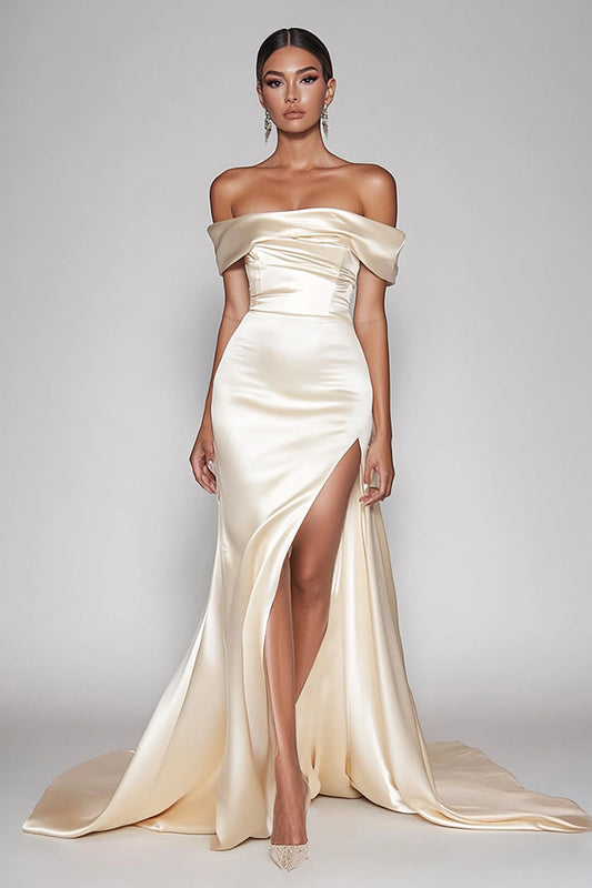 Satin Champagne Sheath Off the Shoulder Long Prom Dress with Slit