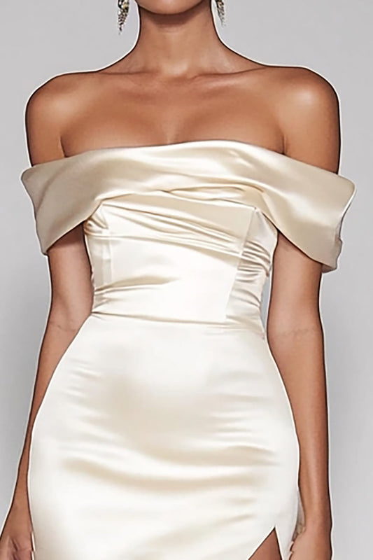 Satin Champagne Sheath Off the Shoulder Long Prom Dress with Slit