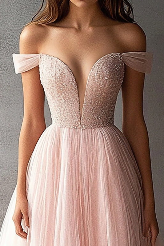 A Line Pink Tulle Off the Shoulder V-Neck Long Prom Dress