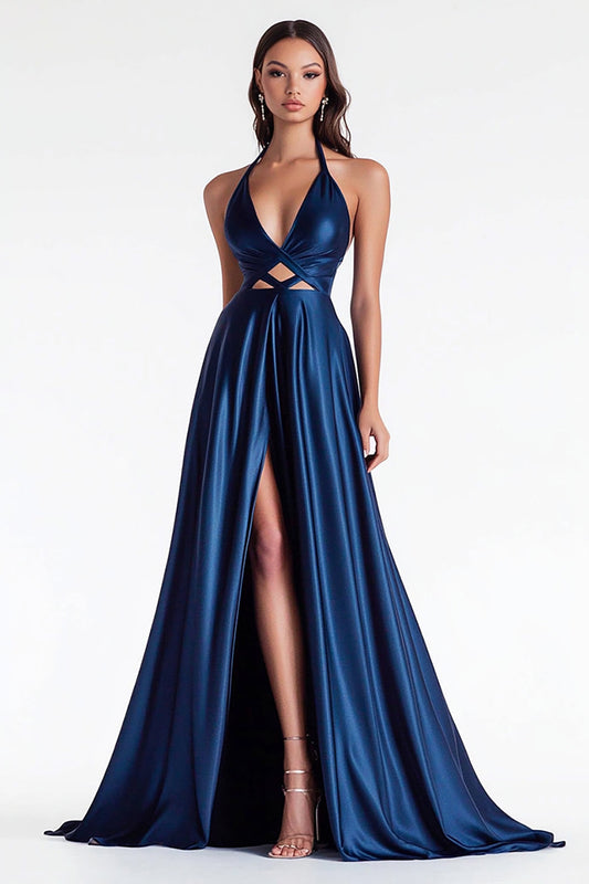 A Line Navy Satin Ruched Cut Out Long Prom Dress with Slit