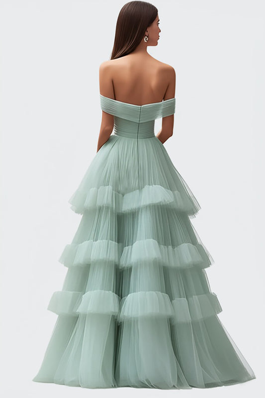 Light Green Tulle Tiered Off the Shoulder Long Prom Dress