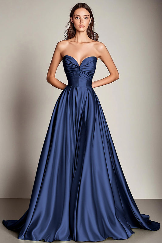 A Line Navy Strapless Satin Pleated Long Prom Dress