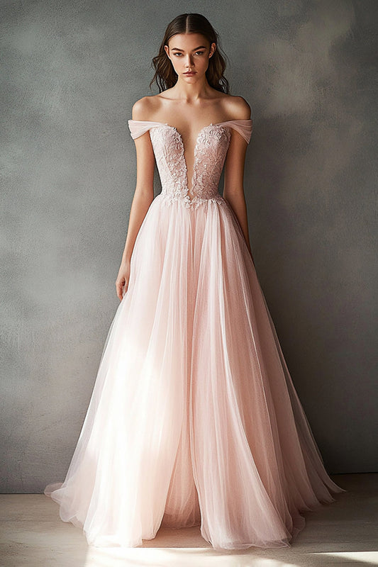 A Line Pink Tulle Off the Shoulder Long Prom Dress