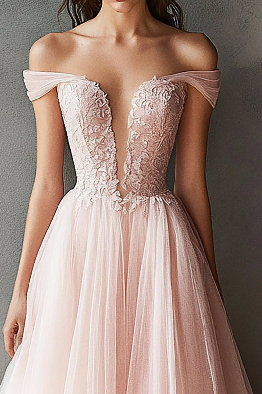 A Line Pink Tulle Off the Shoulder Long Prom Dress