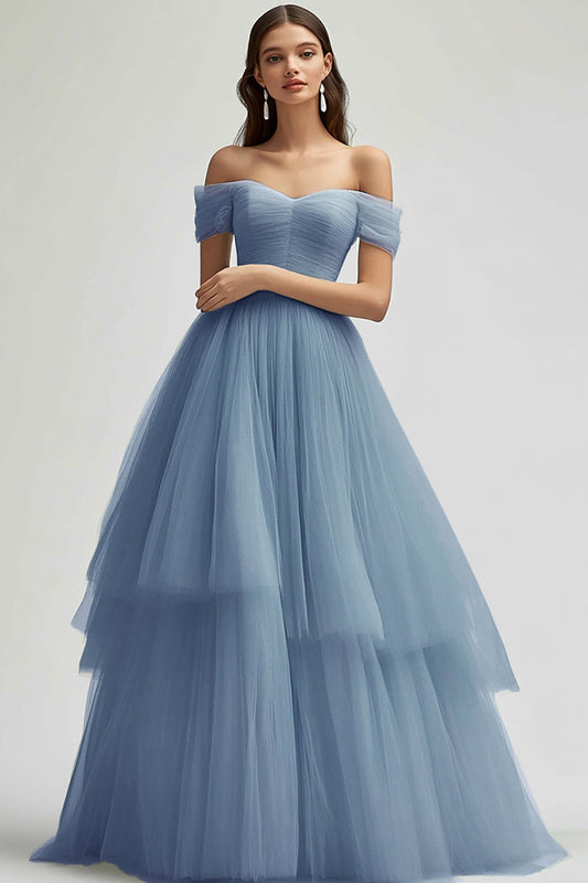 Tulle Grey Blue Off the Shoulder Tiered Ball Gown Long Prom Dress