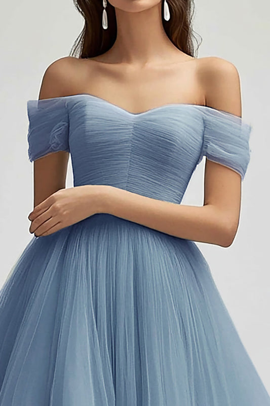 Tulle Grey Blue Off the Shoulder Tiered Ball Gown Long Prom Dress