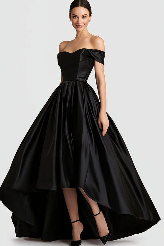 Ball Gown Black Off the Shoulder Ruched High-Low Prom Dress