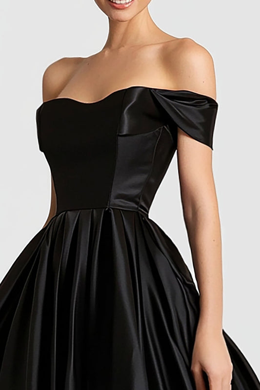 Ball Gown Black Off the Shoulder Ruched High-Low Prom Dress