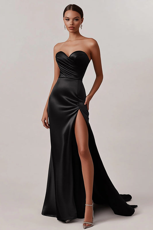 Sheath Black Strapless Satin Long Prom Dress with Slit