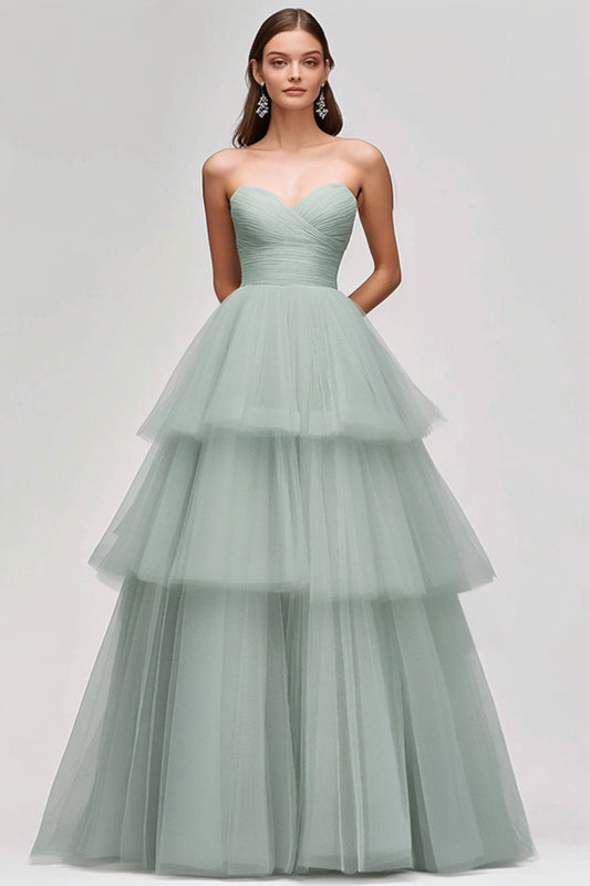 A Line Light Green Tulle Strapless Tiered Long Prom Dress