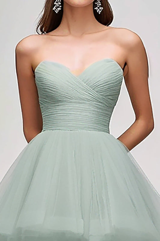 A Line Light Green Tulle Strapless Tiered Long Prom Dress