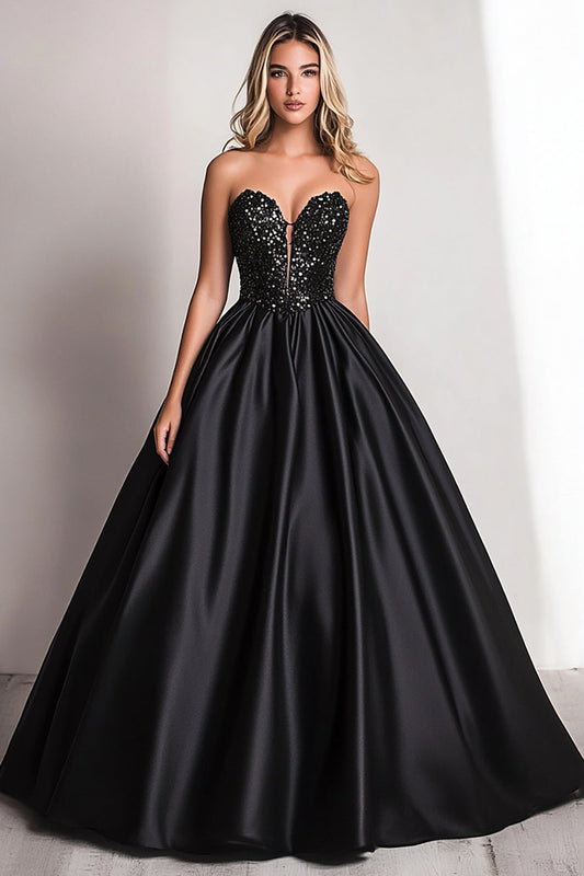Sparkly A Line Black Satin Sweetheart Long Prom Dress