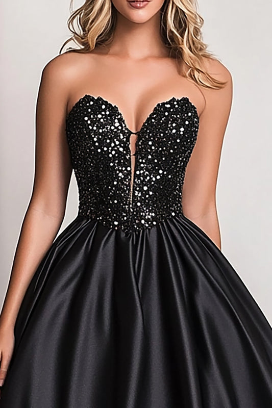 Sparkly A Line Black Satin Sweetheart Long Prom Dress