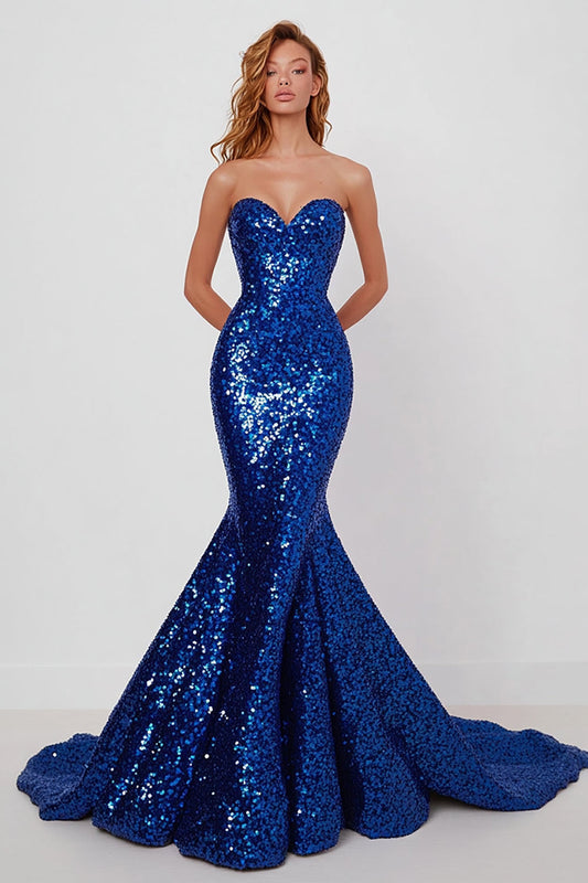 Sparkly Royal Blue Sequins Mermaid Sweetheart Long Prom Dress