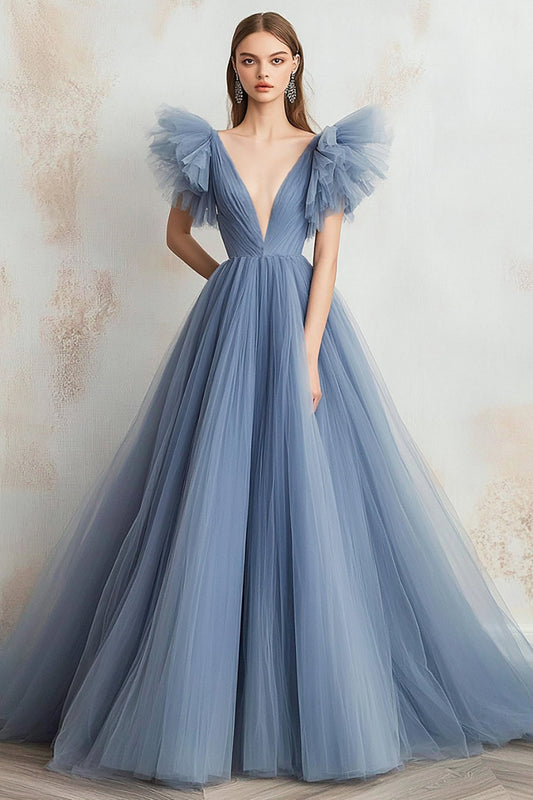 Grey Blue Ball Gown Tulle V-Neck Long Prom Dress with Ruffles