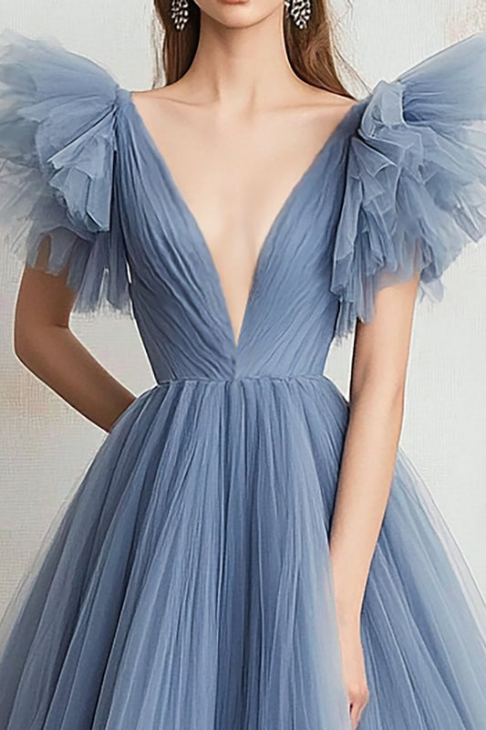 Grey Blue Ball Gown Tulle V-Neck Long Prom Dress with Ruffles
