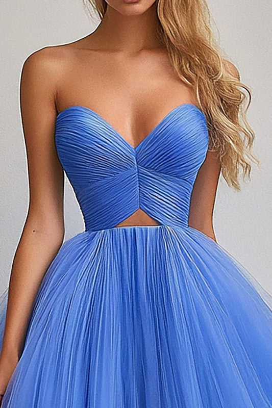 Ball Gown Blue Tulle Sweetheart Pleated Long Prom Dress