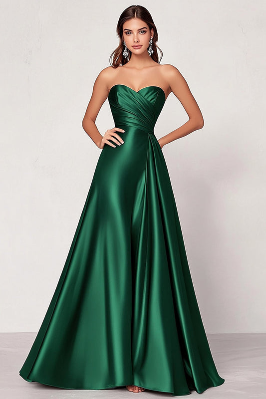 Satin Dark Green A Line Sweetheart Ruched Long Prom Dress