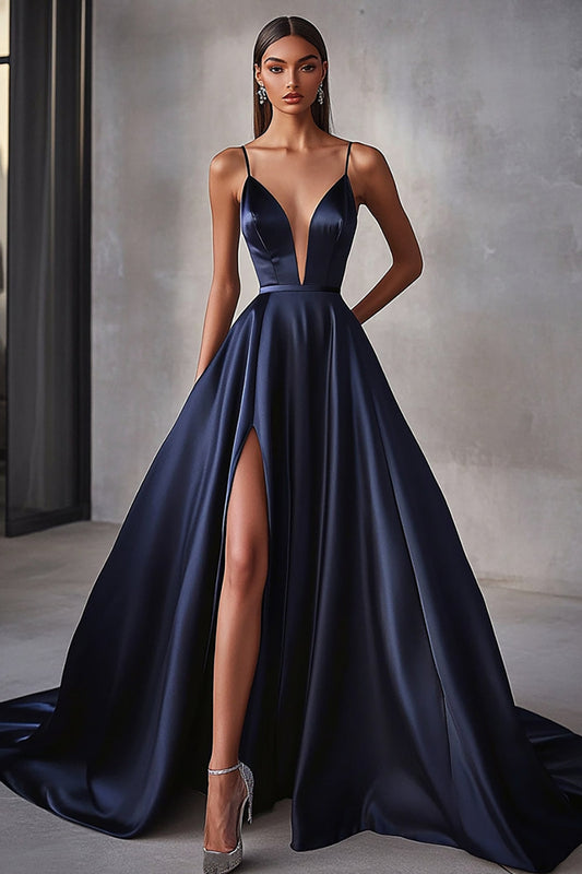 A Line Navy Satin Spaghetti Straps Long Prom Dress with Slit
