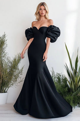 Black Mermaid Off the Shoulder Puff Sleeves Satin Long Prom Dress