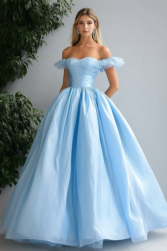 ZAPAKASA Women Sky Blue Ball Gown Off the Shoulder Prom Dress Ruffled Ruched Long Formal Dress