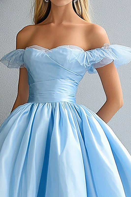 Sweetheart Sky Blue Ball Gown Off the Shoulder Long Prom Dress