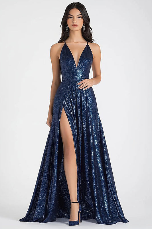 Sparkly Navy A Line Sequins Ruched Long Prom Dress with Slit