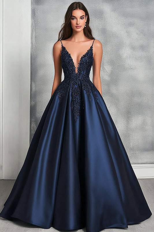 Navy Satin V-Neck Long Prom Dress with Lace Appliques