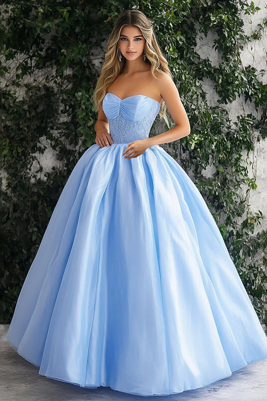 Sky Blue Ball Gown Sweetheart Long Prom Dress with Appliques