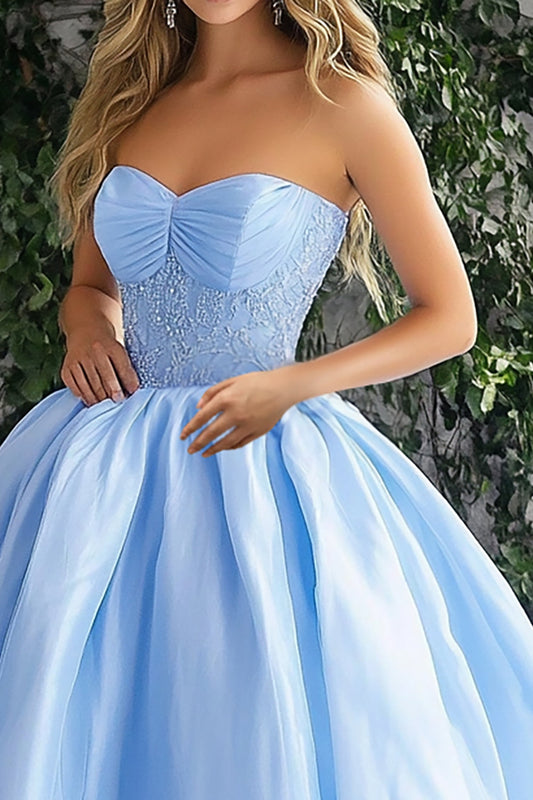 Sky Blue Ball Gown Sweetheart Long Prom Dress with Appliques