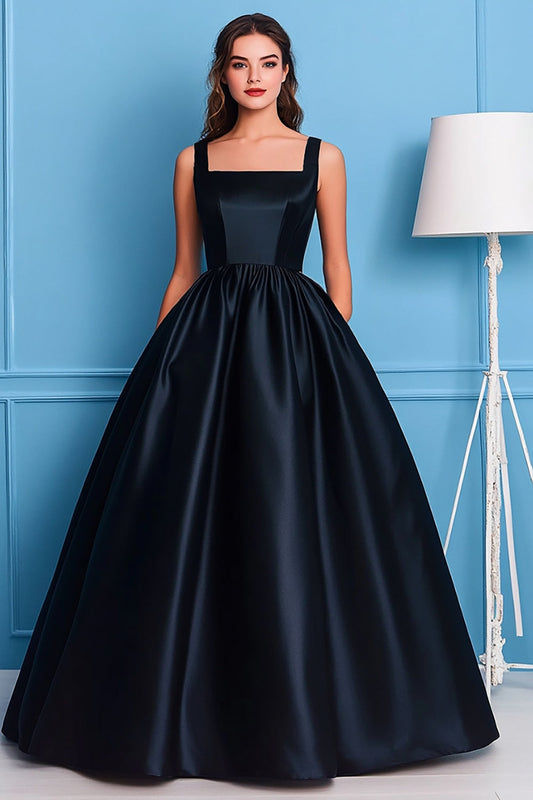 Black Ball Gown Satin Square Neck Ruched Long Prom Dress