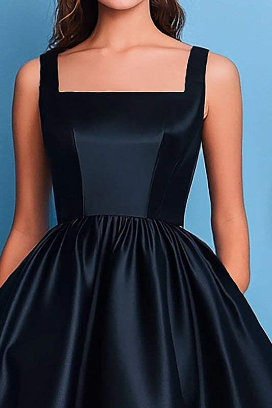 Black Ball Gown Satin Square Neck Ruched Long Prom Dress