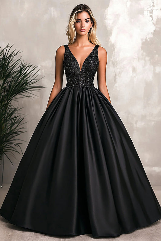 Sparkly Black Ball Gown Satin Deep V-Neck Long Prom Dress