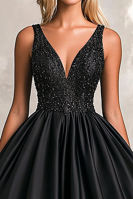 Sparkly Black Ball Gown Satin Deep V-Neck Long Prom Dress