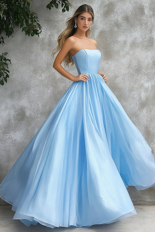 Sky Blue Ball Gown Strapless Square Neck Long Prom Dress