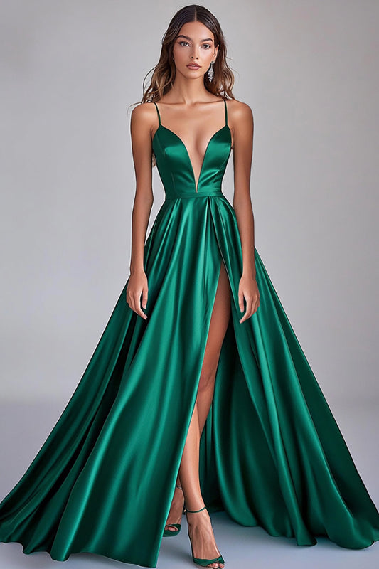 A Line Dark Green Ruched Deep V-Neck Long Prom Dress with Slit